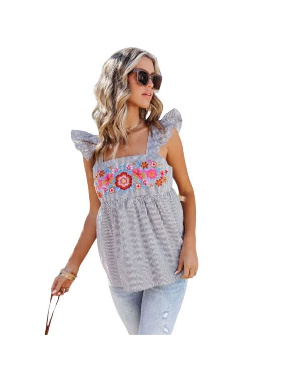 Womens BabyDoll Blouse Blue Pinstripe Size Small Embroidery ruffles Feminine